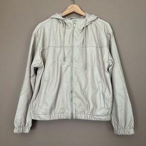 {Iris} Faux Leather Hooded Bomber Jacket in Oyster - Womens Large - NWT